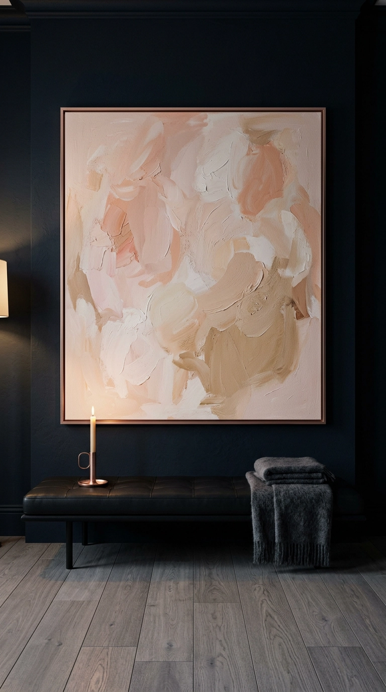 Oversized blush abstract canvas in a slim rose gold floater frame on an inky blue-black bedroom wall