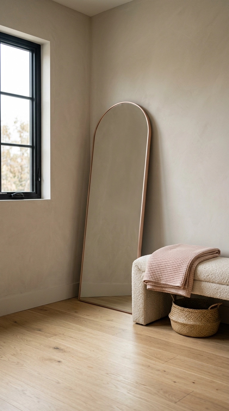 Tall arched mirror with a thin rose gold frame leaning in a warm minimalist bedroom corner