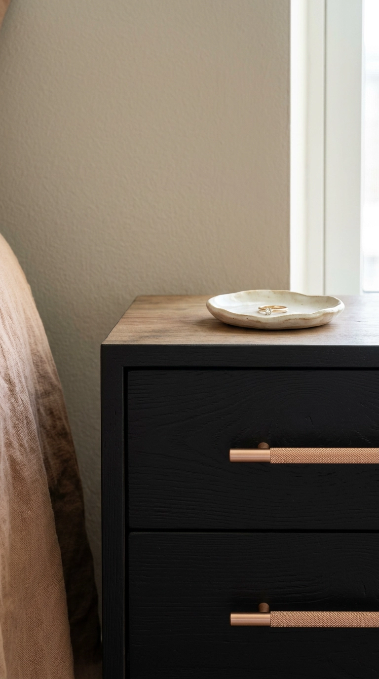 Matte black bedroom nightstand with two knurled rose gold drawer pulls in close-up