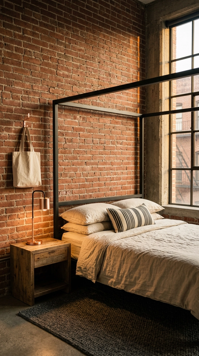 Rose gold table lamp paired with a black steel bed frame against an exposed brick bedroom wall