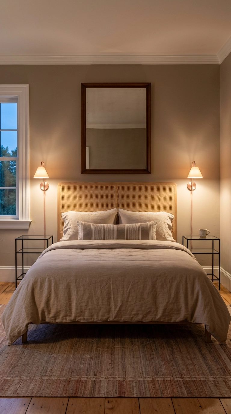 Two slim rose gold plug-in sconces flanking a cane webbing headboard in a taupe bedroom