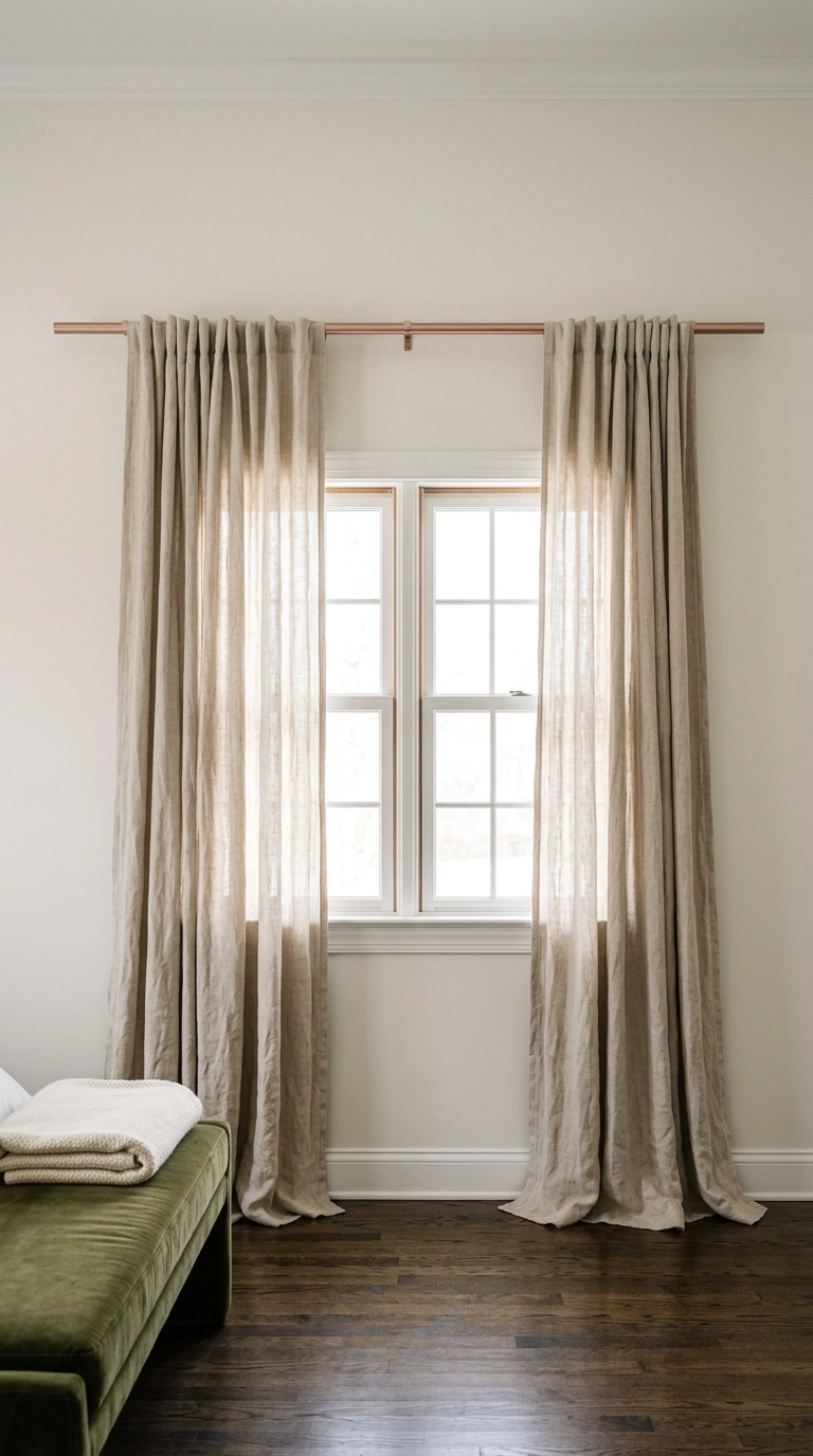 Rose gold curtain rod mounted high with oatmeal linen curtains in a warm white bedroom