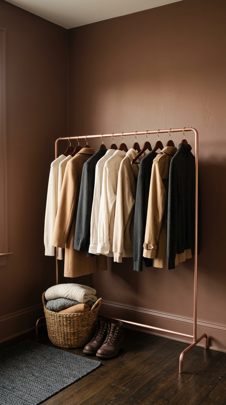 Freestanding rose gold clothing rail with tonal garments in a clay-brown bedroom corner