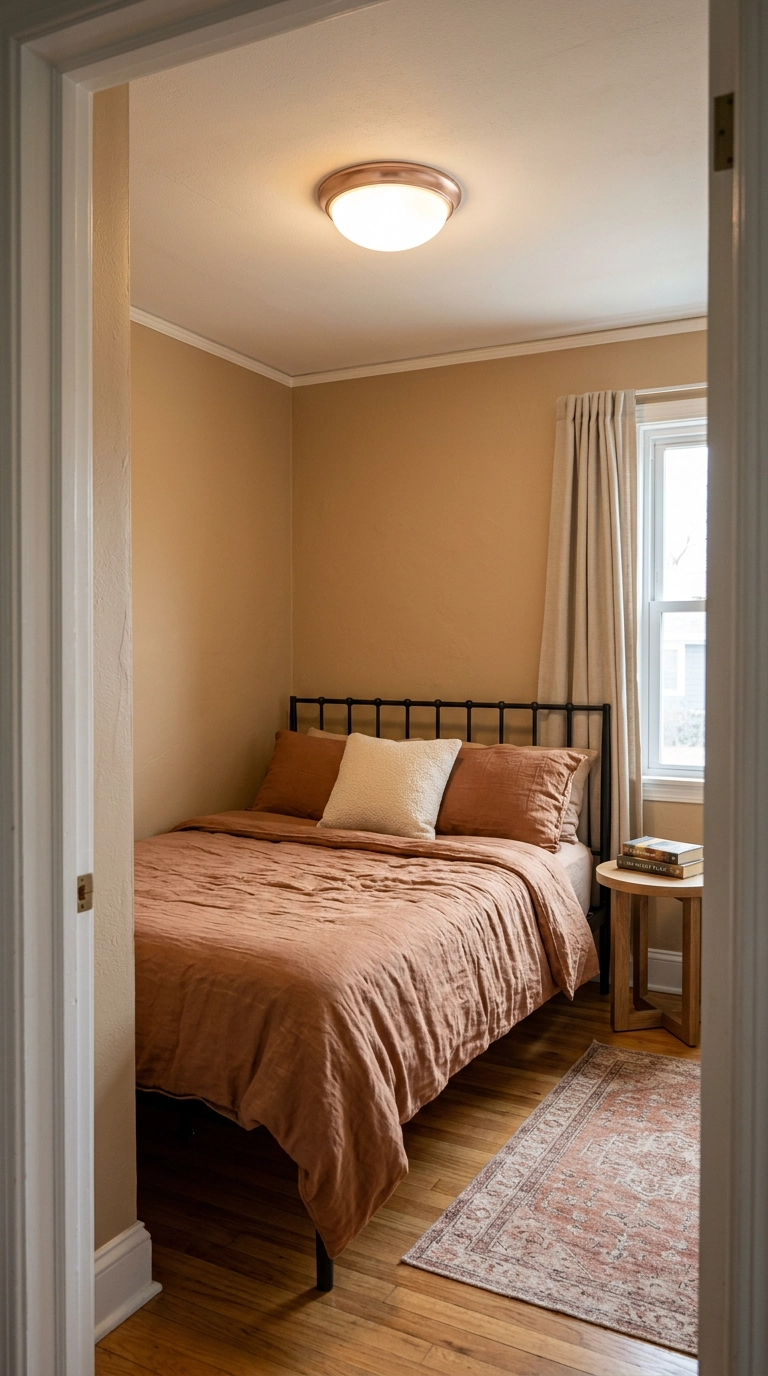 Flush-mount ceiling light with a rose gold rim in a small warm caramel north-facing bedroom