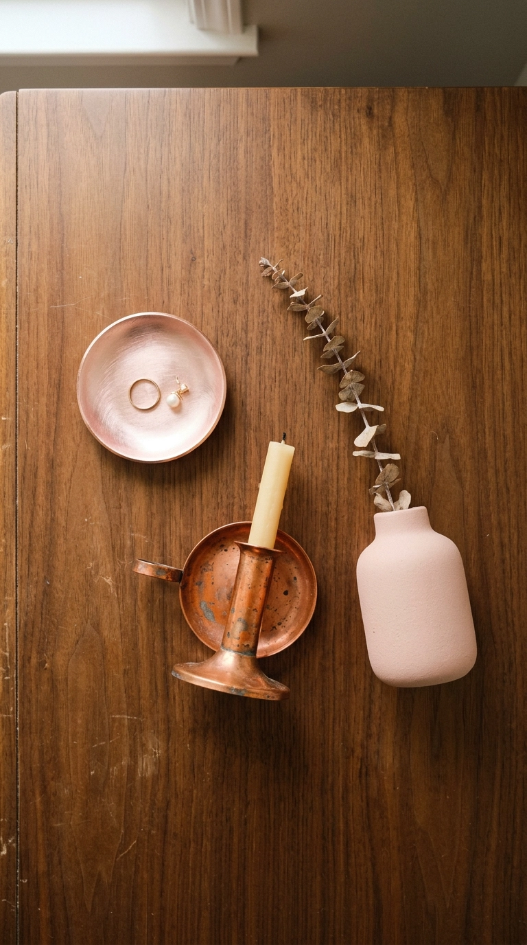 Overhead comparison of a rose gold dish, a copper candlestick, and a blush pink vase on a walnut bedroom dresser