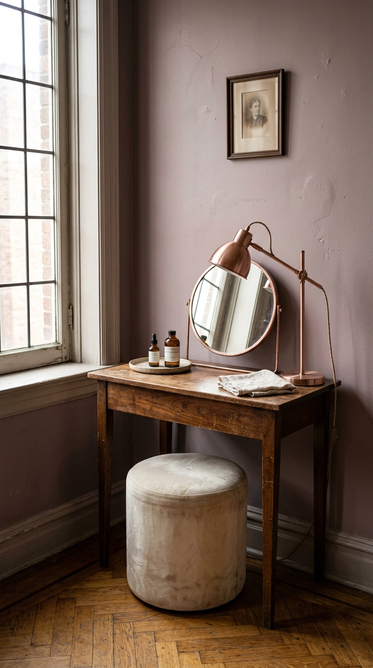 Bedroom vanity corner with a rose gold framed mirror and matching task lamp on a walnut desk