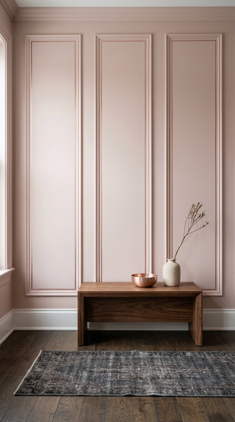 Blush bedroom wall with picture frame molding panels outlined in thin rose gold pinstripes
