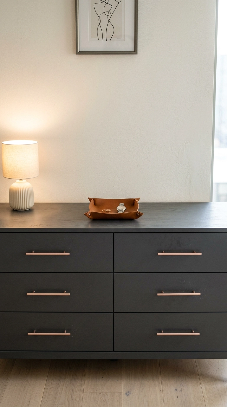 Slim rose gold bar pulls on a charcoal grey bedroom dresser with a warm white wall behind