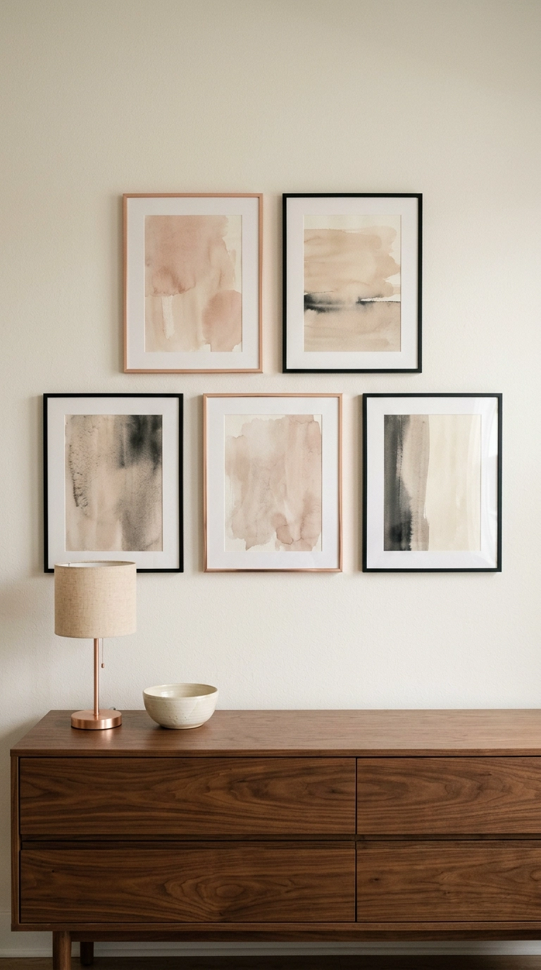 Bedroom gallery wall mixing thin rose gold and matte black picture frames above a walnut dresser