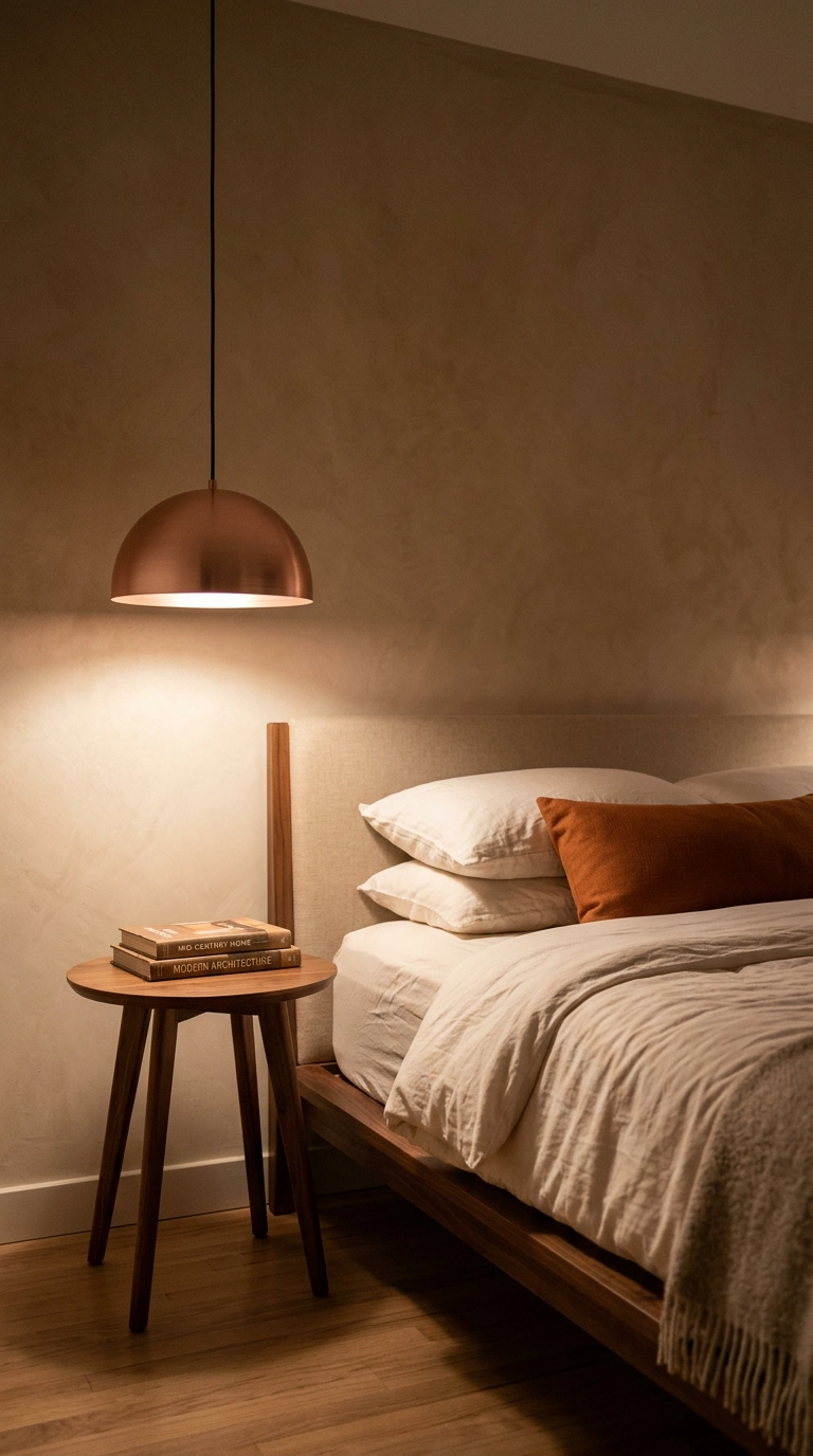 Rose gold dome pendant light hanging beside a walnut nightstand in a mid-century modern bedroom
