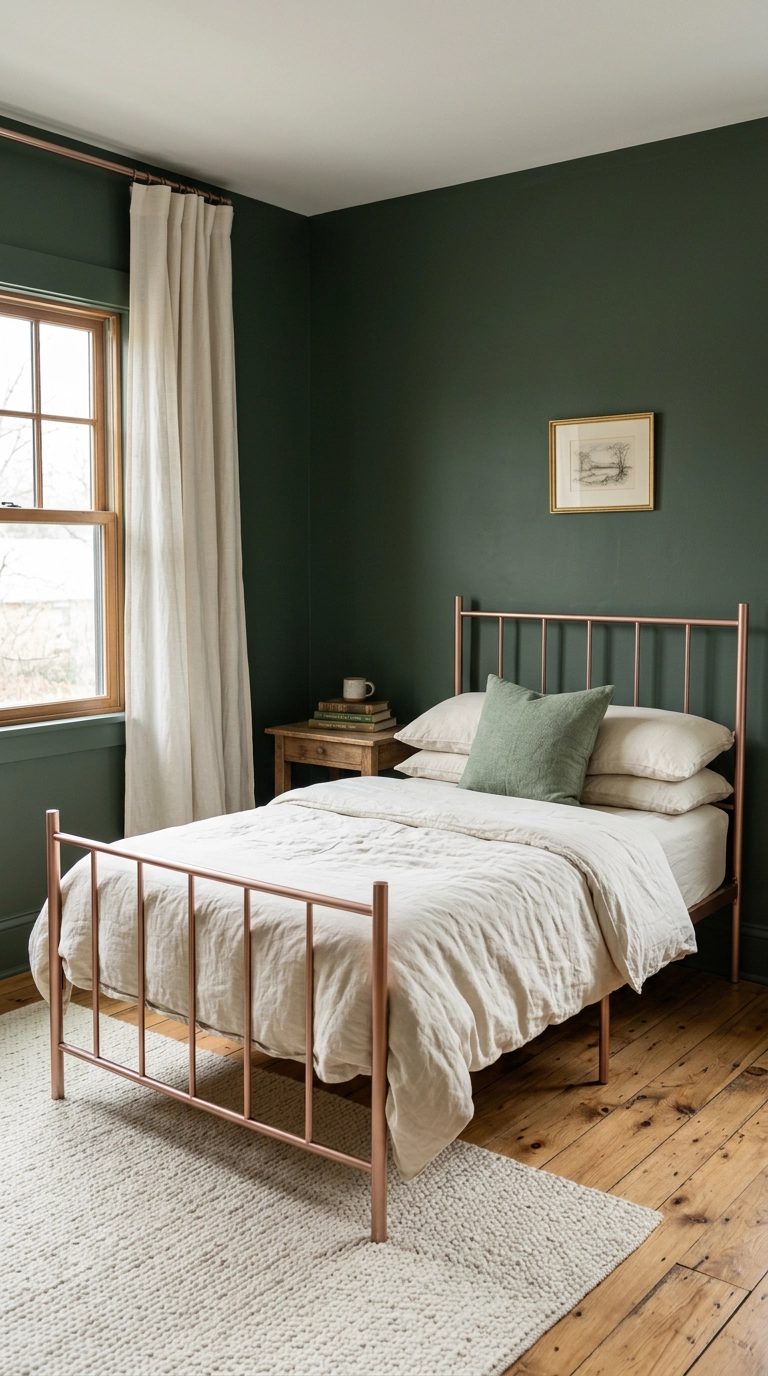 Rose gold metal bed frame with slim posts against a deep forest green bedroom wall