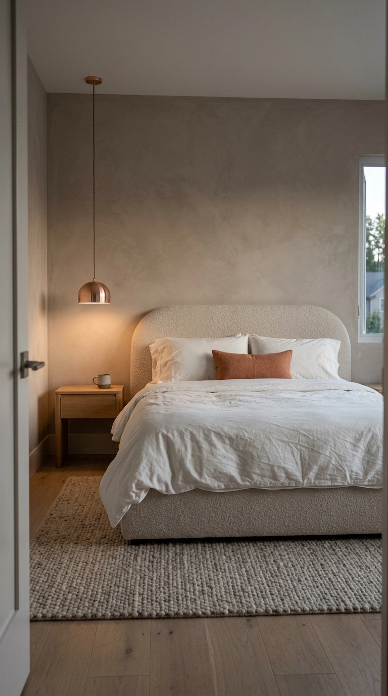 Restrained taupe bedroom with a single rose gold pendant as the only metal accent
