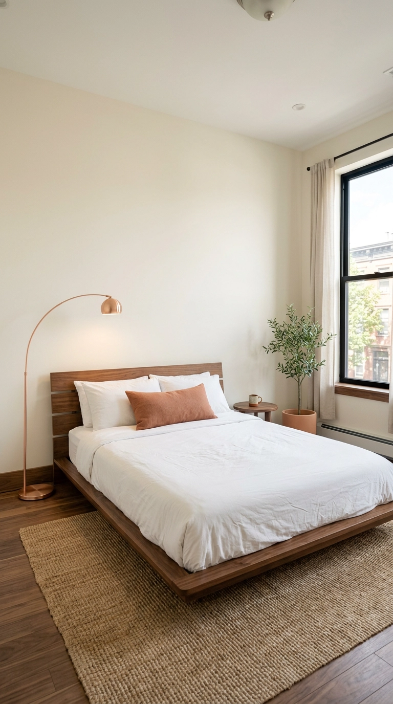 Rose gold arc floor lamp in a warm white bedroom with a walnut slatted bed