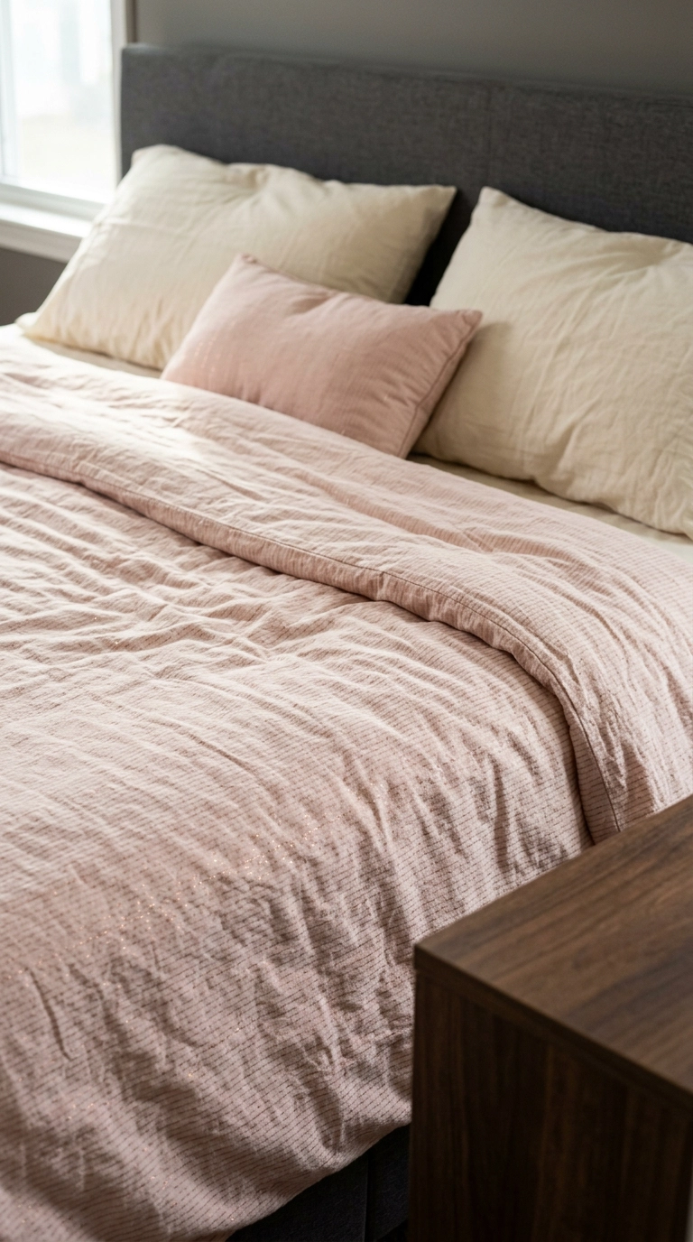 Blush bedding with fine rose gold metallic thread woven into a subtle pinstripe