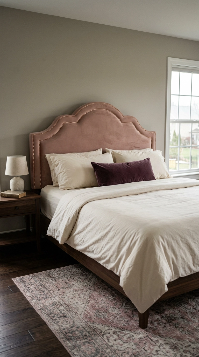 Scalloped blush velvet headboard trimmed with small rose gold nailhead studs