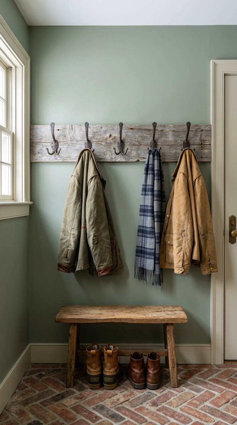 Wrought iron hooks on a reclaimed barnwood board in a rustic mudroom closet