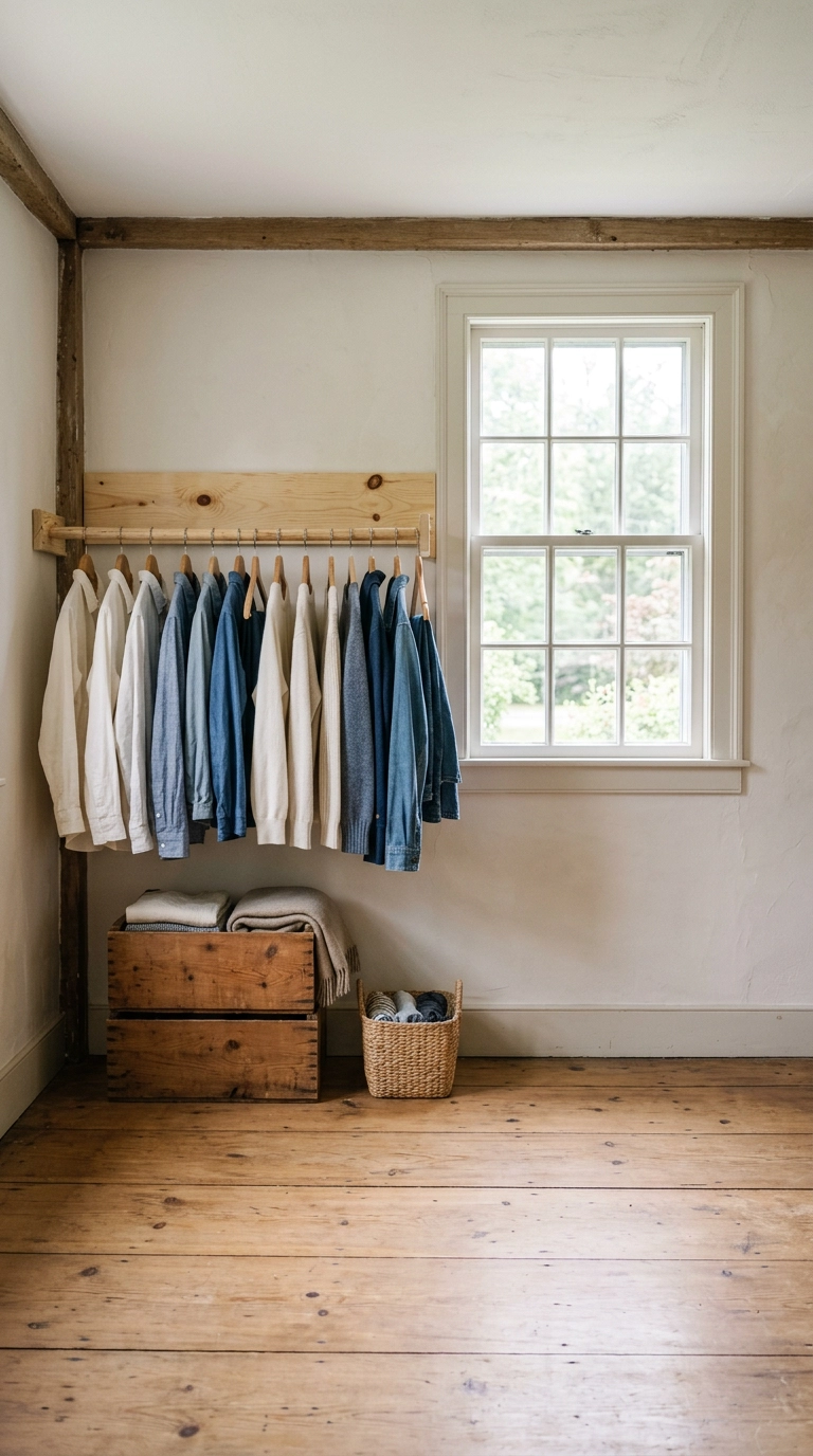 Raw pine open hanging rail on a bedroom wall used as a rustic closet