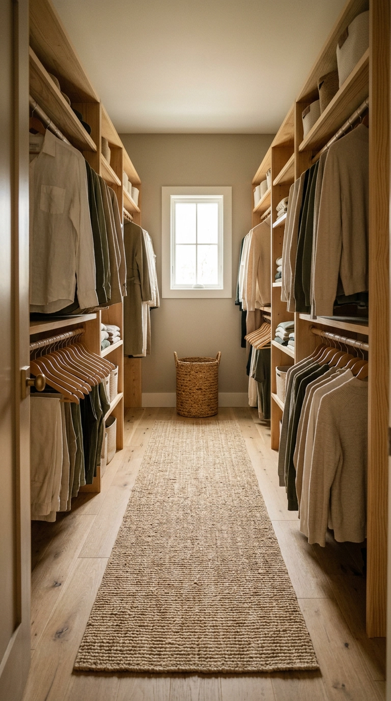 Jute runner down the center floor of a long rustic walk-in closet