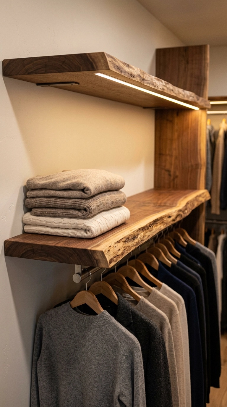 Live-edge walnut shelf with folded sweaters in a rustic walk-in closet