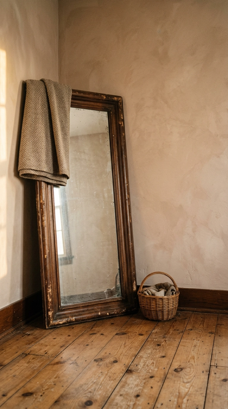 Antique wooden floor mirror leaning against a wall in a rustic closet room
