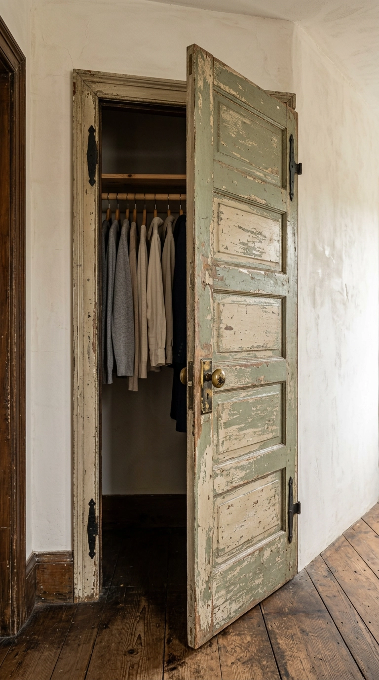 Salvaged antique five-panel door with chipped paint on a rustic closet