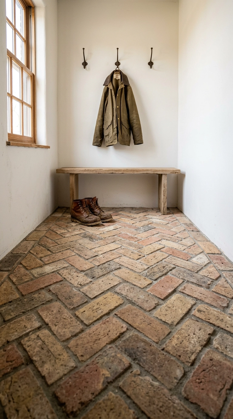 Herringbone reclaimed brick floor in a rustic mudroom closet with iron hooks