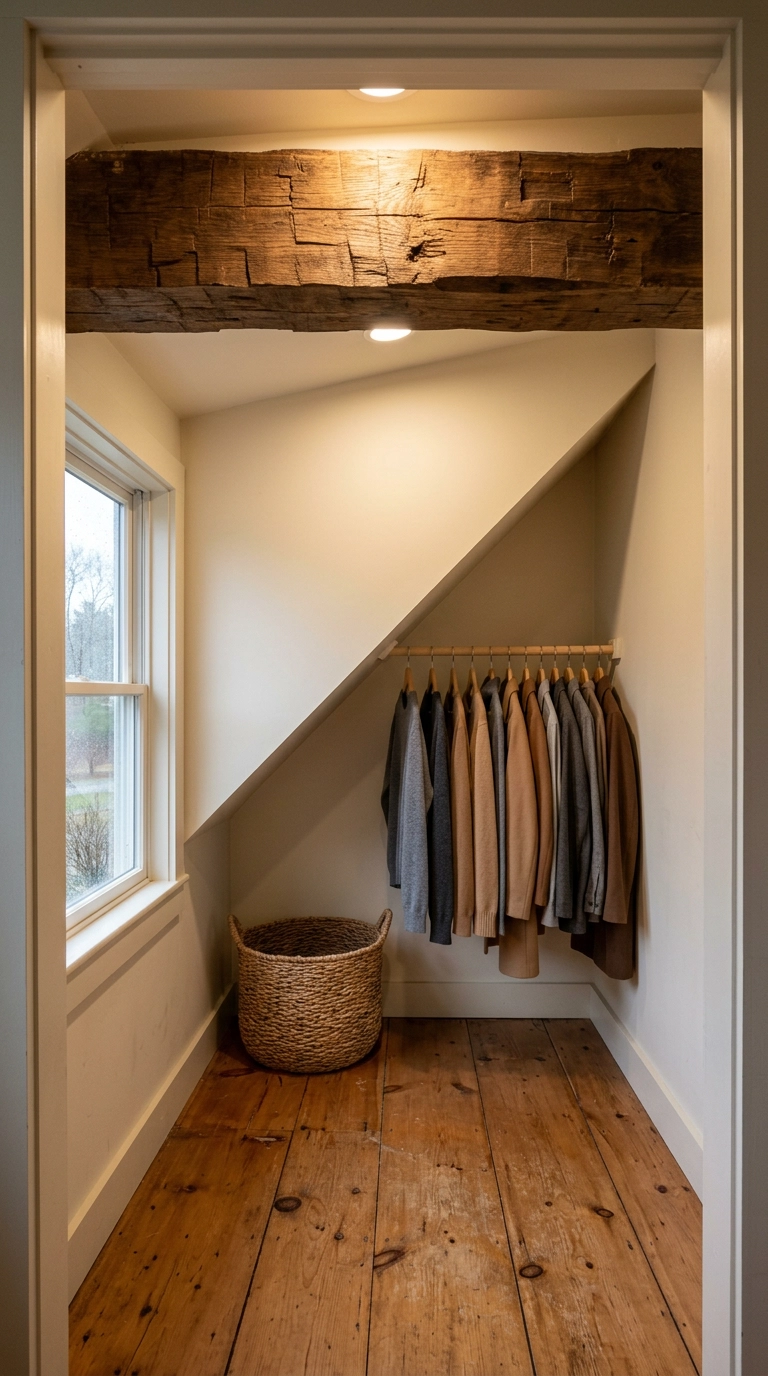 Rough-hewn oak beam header framing a rustic attic closet under a slope