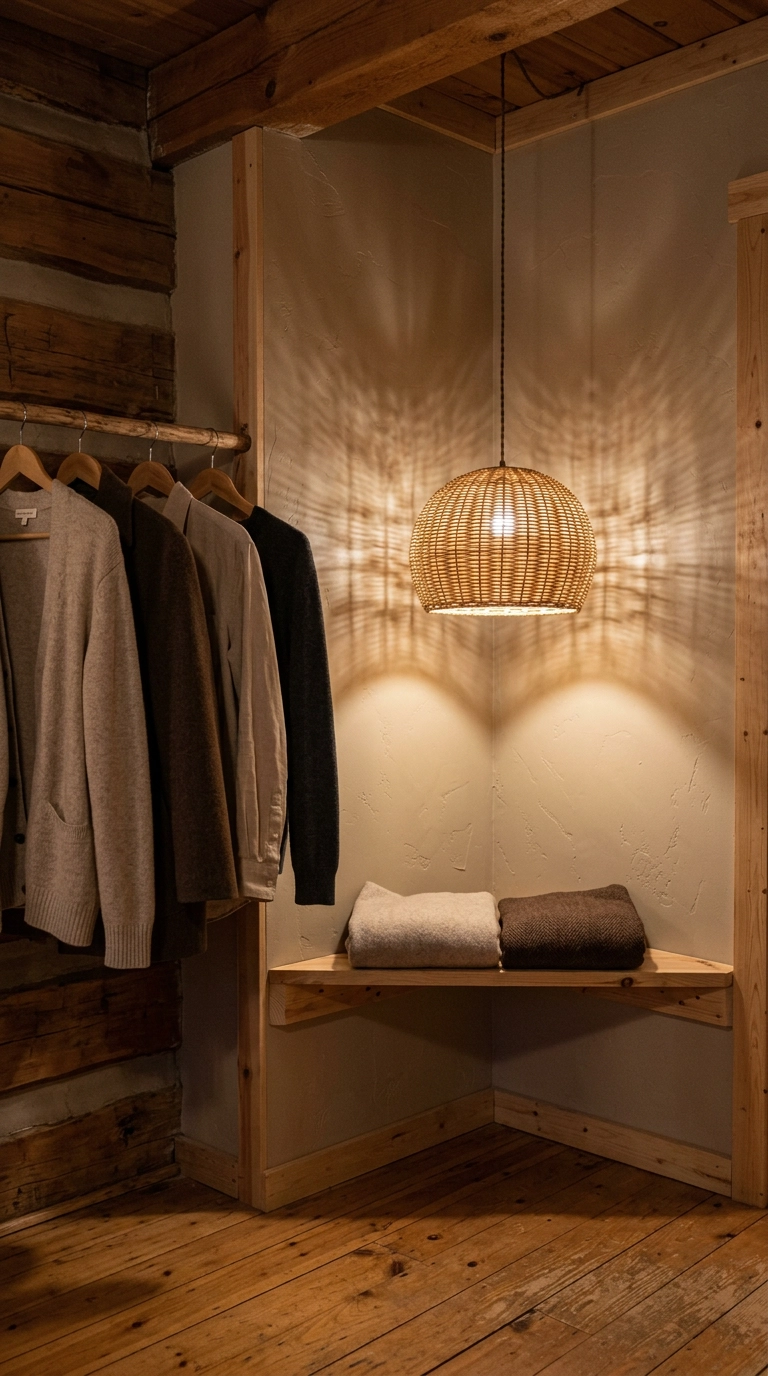 Woven rattan basket pendant light glowing in a dark rustic closet corner