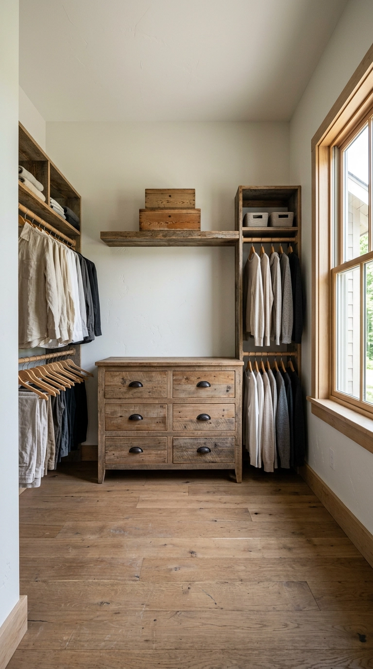 Weathered pine farmhouse dresser inside a rustic 10x12 walk-in closet
