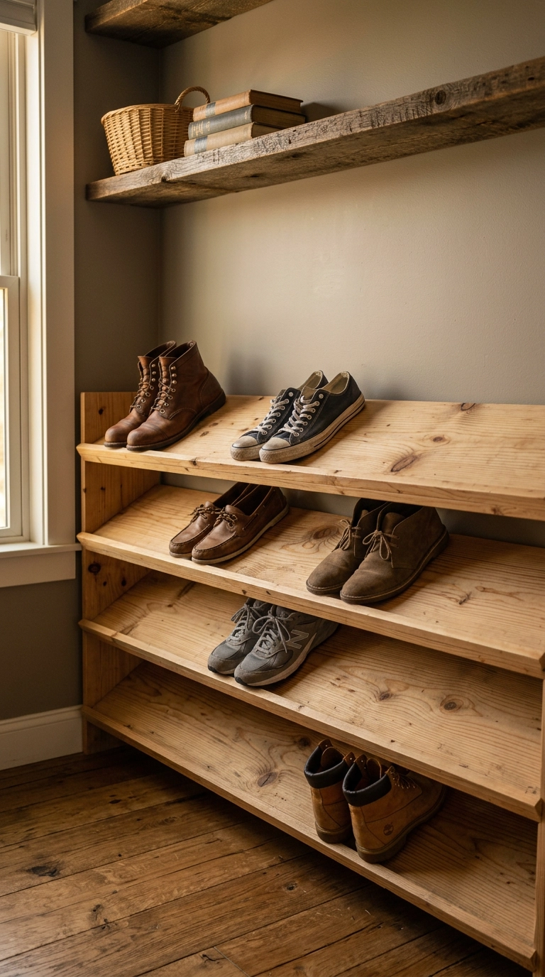 Angled natural pine shoe shelves holding leather shoes in a rustic closet