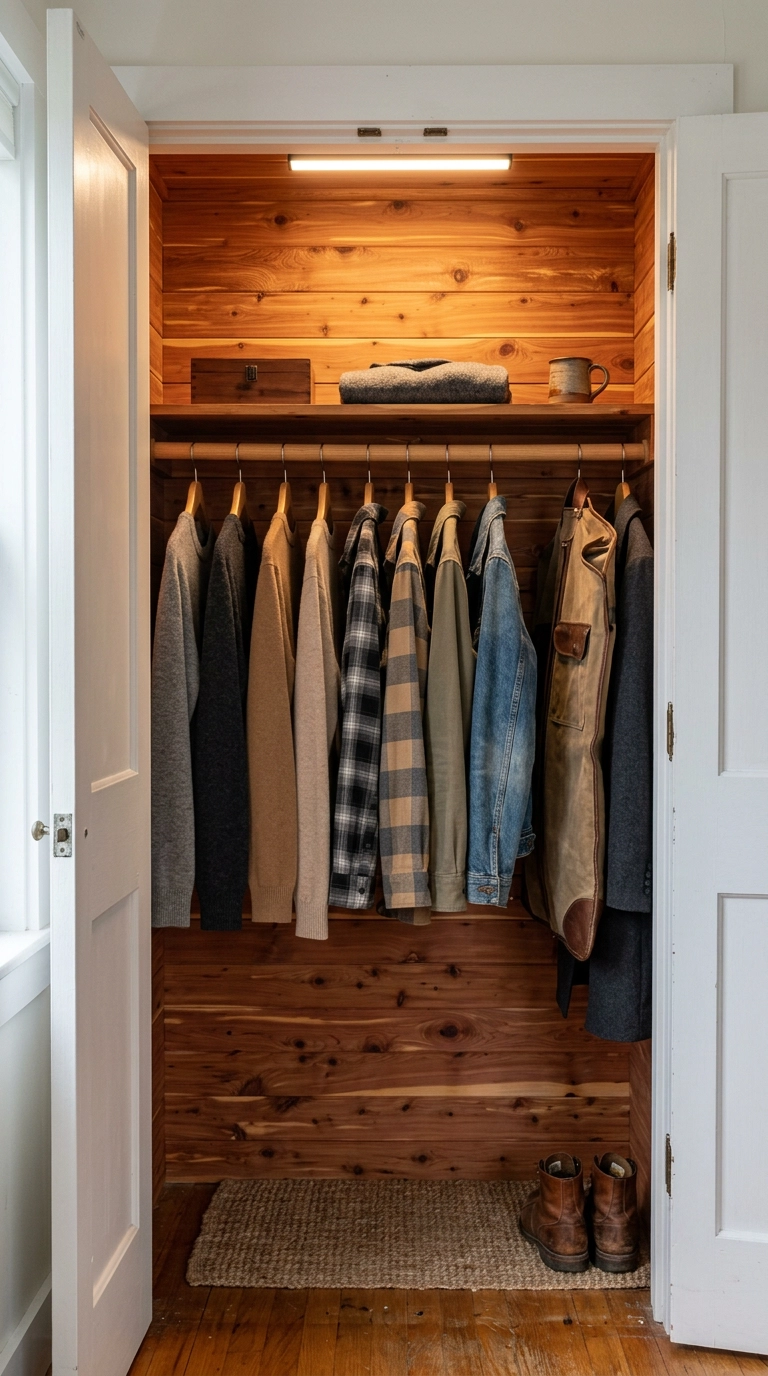Cedar plank lined back wall inside a small rustic reach-in closet