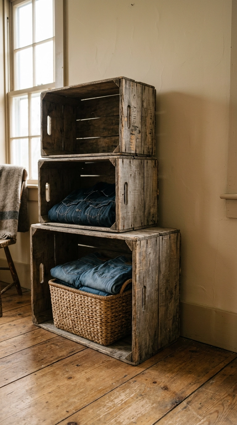 Stacked antique wooden crates used as open shelving in a rustic closet