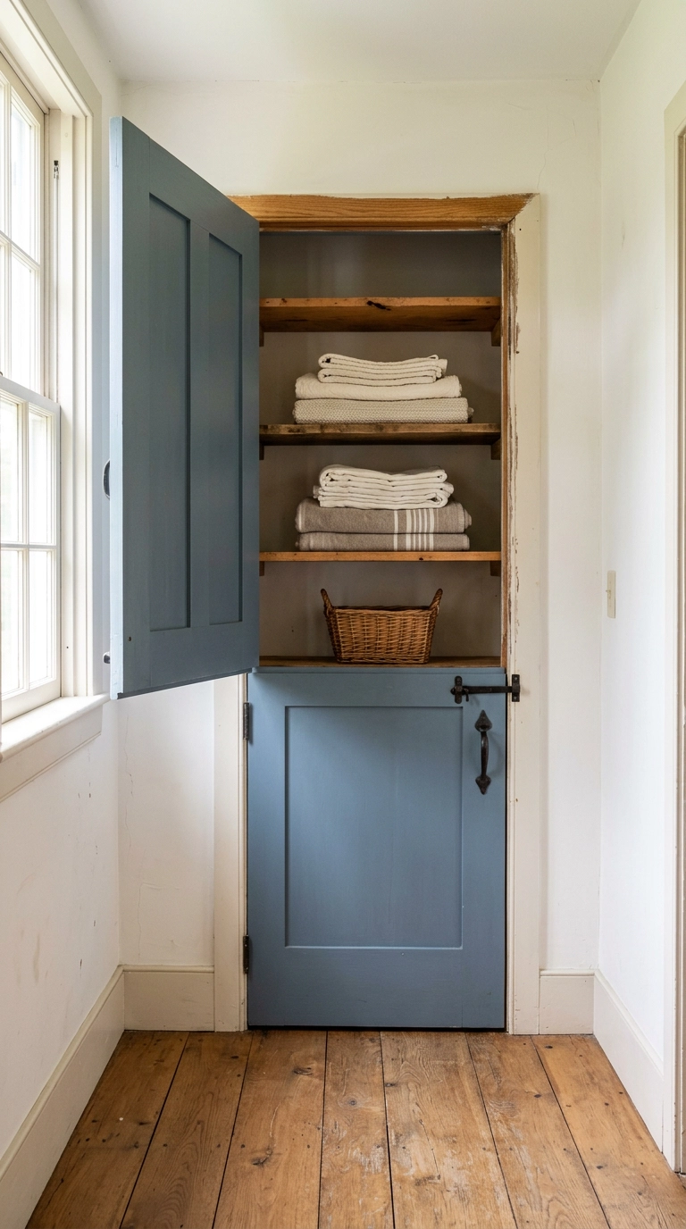 Rustic linen closet with a Dutch door open on the top half