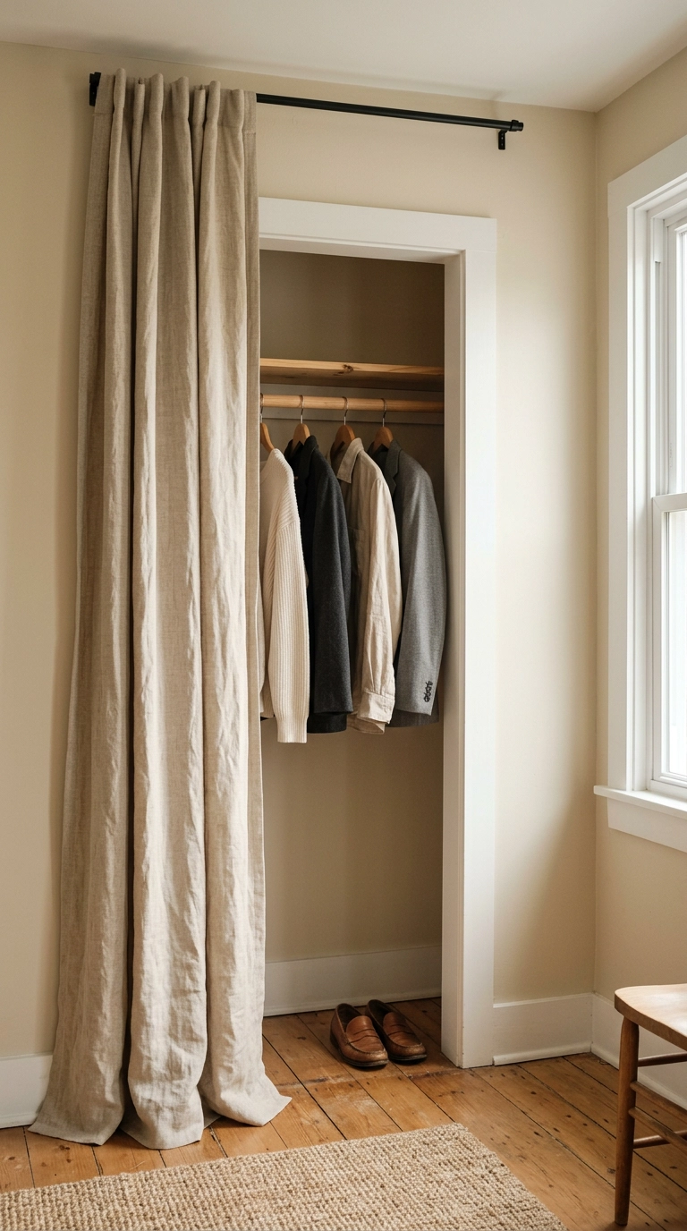 Natural linen curtain used in place of doors on a rustic bedroom closet