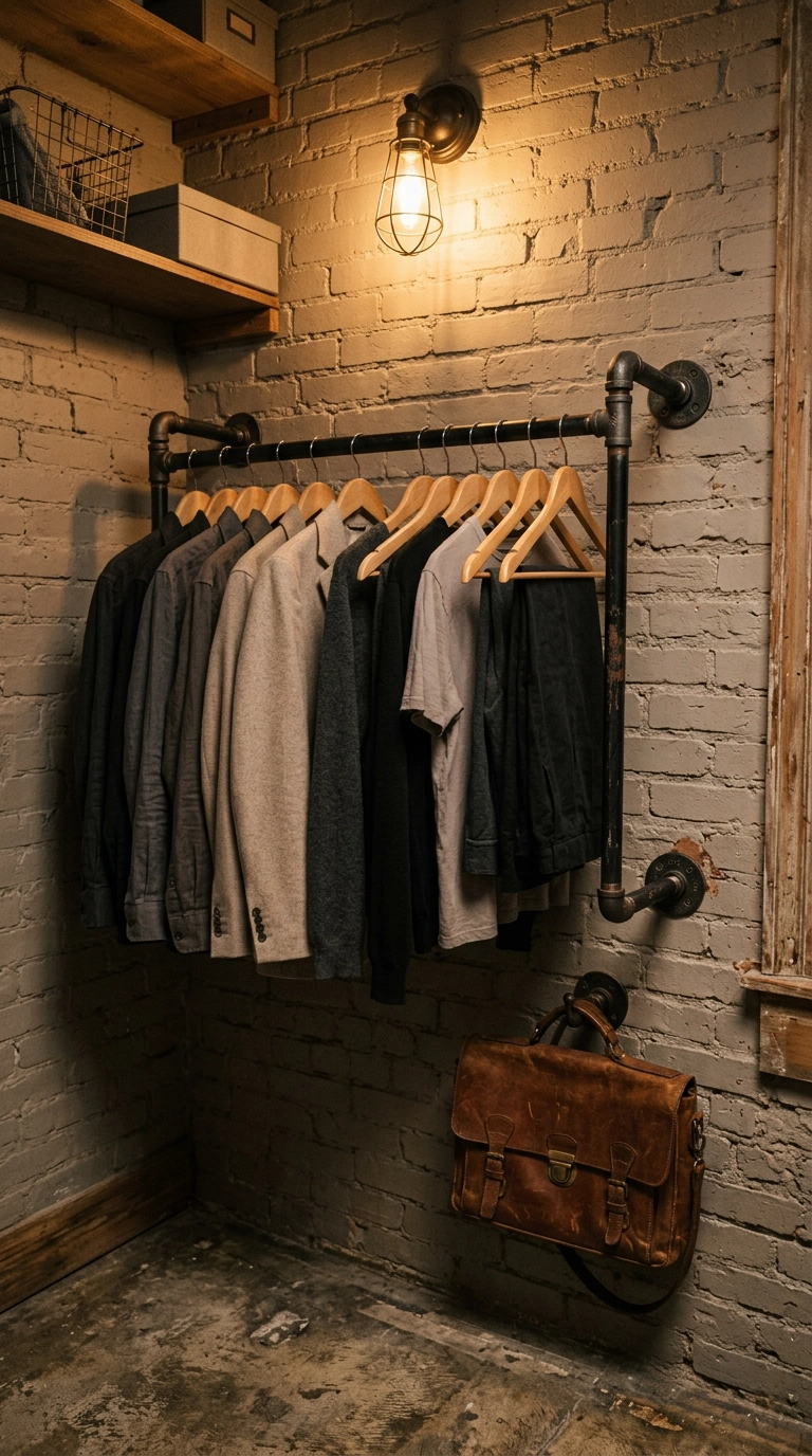 Black iron pipe hanging rail on a brick wall in a rustic industrial closet
