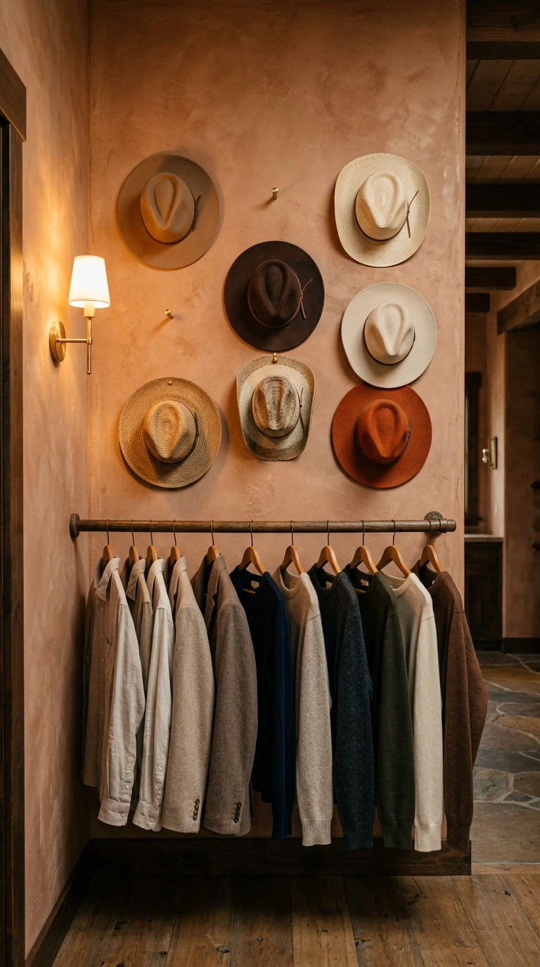 Staggered hat wall above a wooden closet rod in a rustic closet