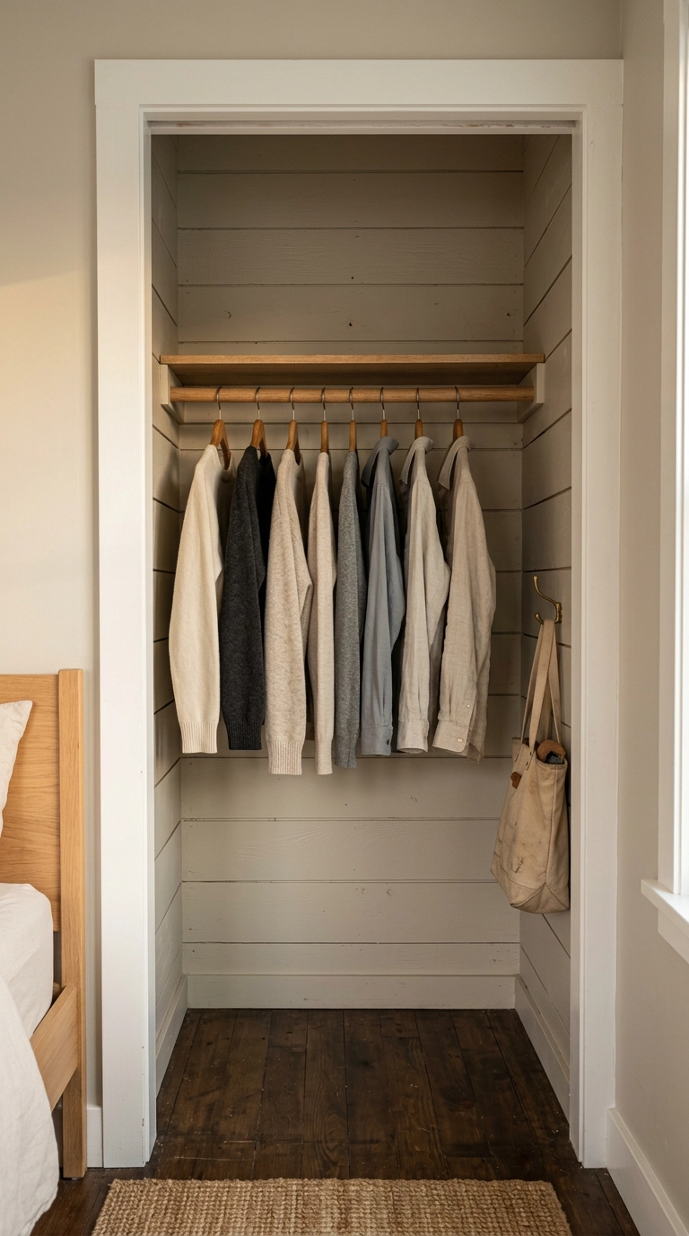 Small rustic reach-in closet with painted shiplap plank walls and oak rod