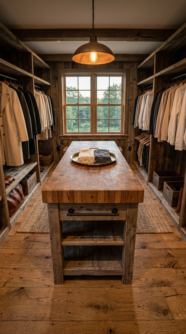 Rustic island with butcher block top centered in a large walk-in closet