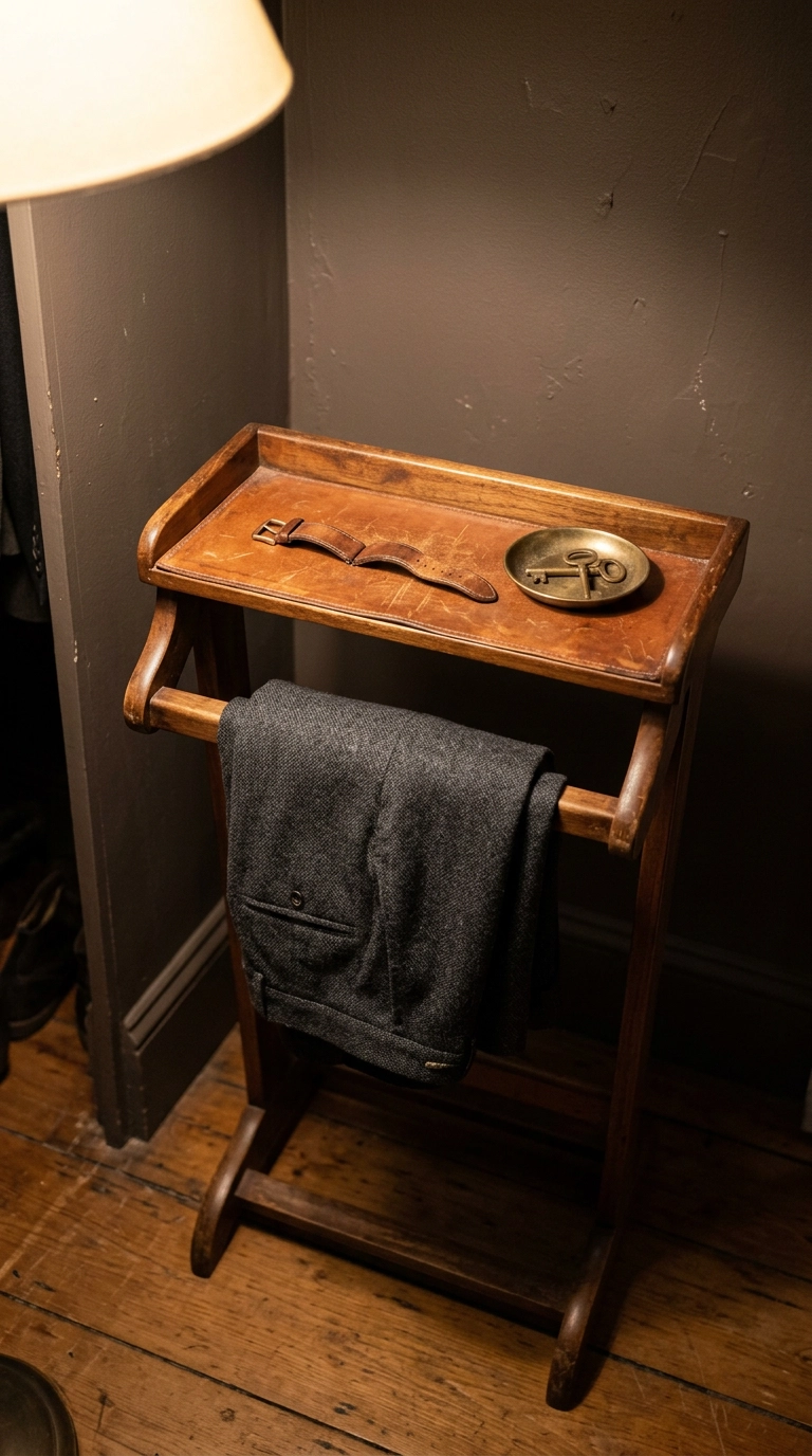 Walnut and leather valet stand holding a blazer in a rustic closet corner