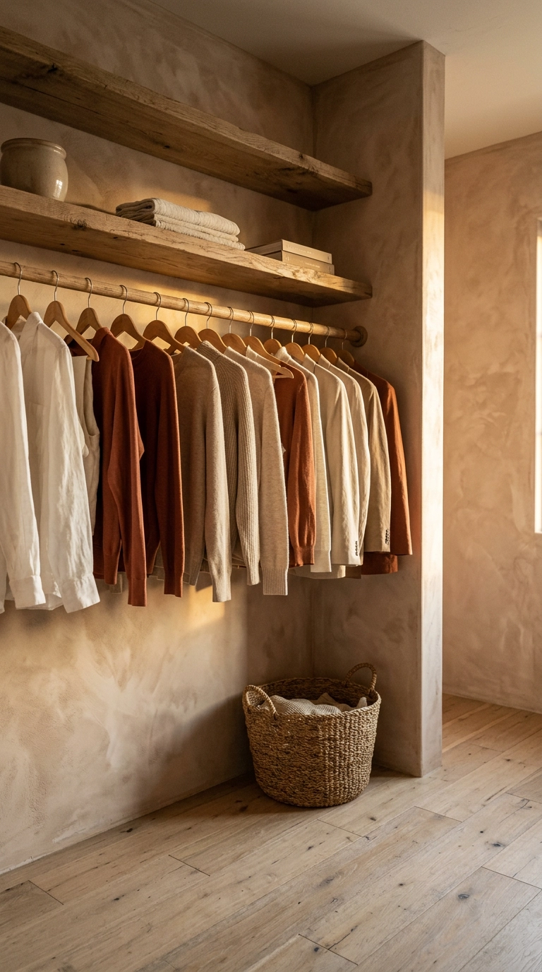 Limewashed clay plaster walls with raw oak shelving in a rustic walk-in closet