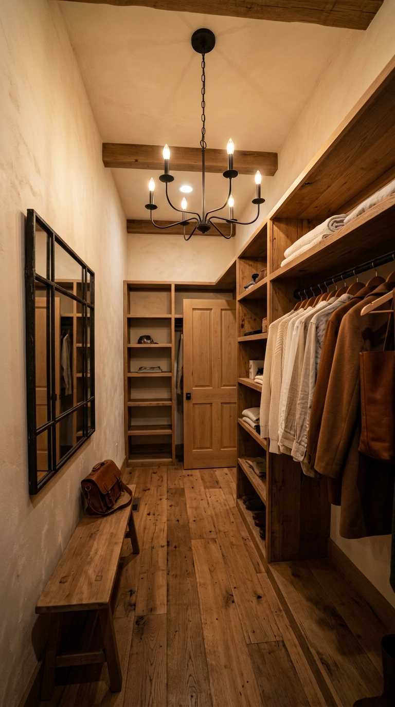 Small wrought iron chandelier lighting a rustic walk-in closet
