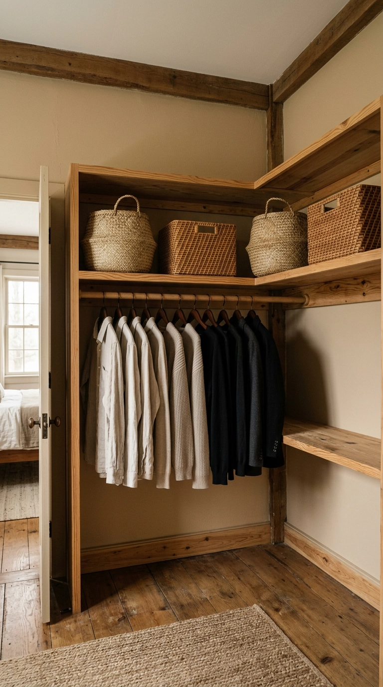 Woven seagrass baskets on pine shelving in a rustic walk-in closet