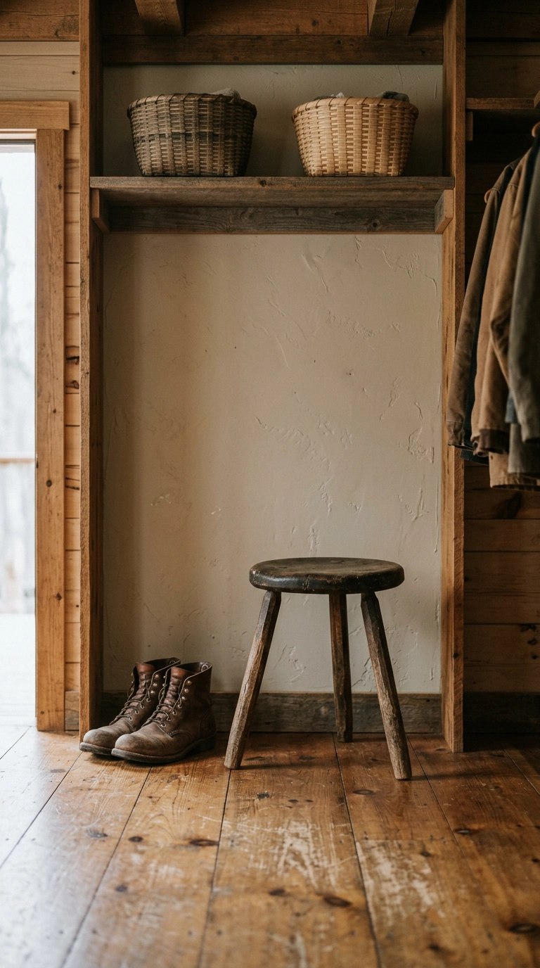 Antique wooden milking stool on the floor of a rustic cabin closet