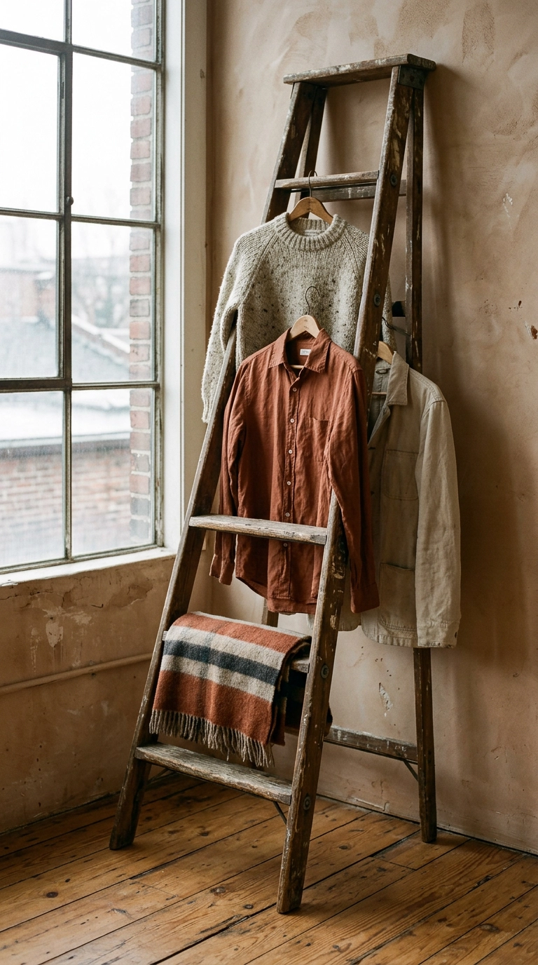Antique wooden ladder leaning on a wall as a rustic closet hanging rail