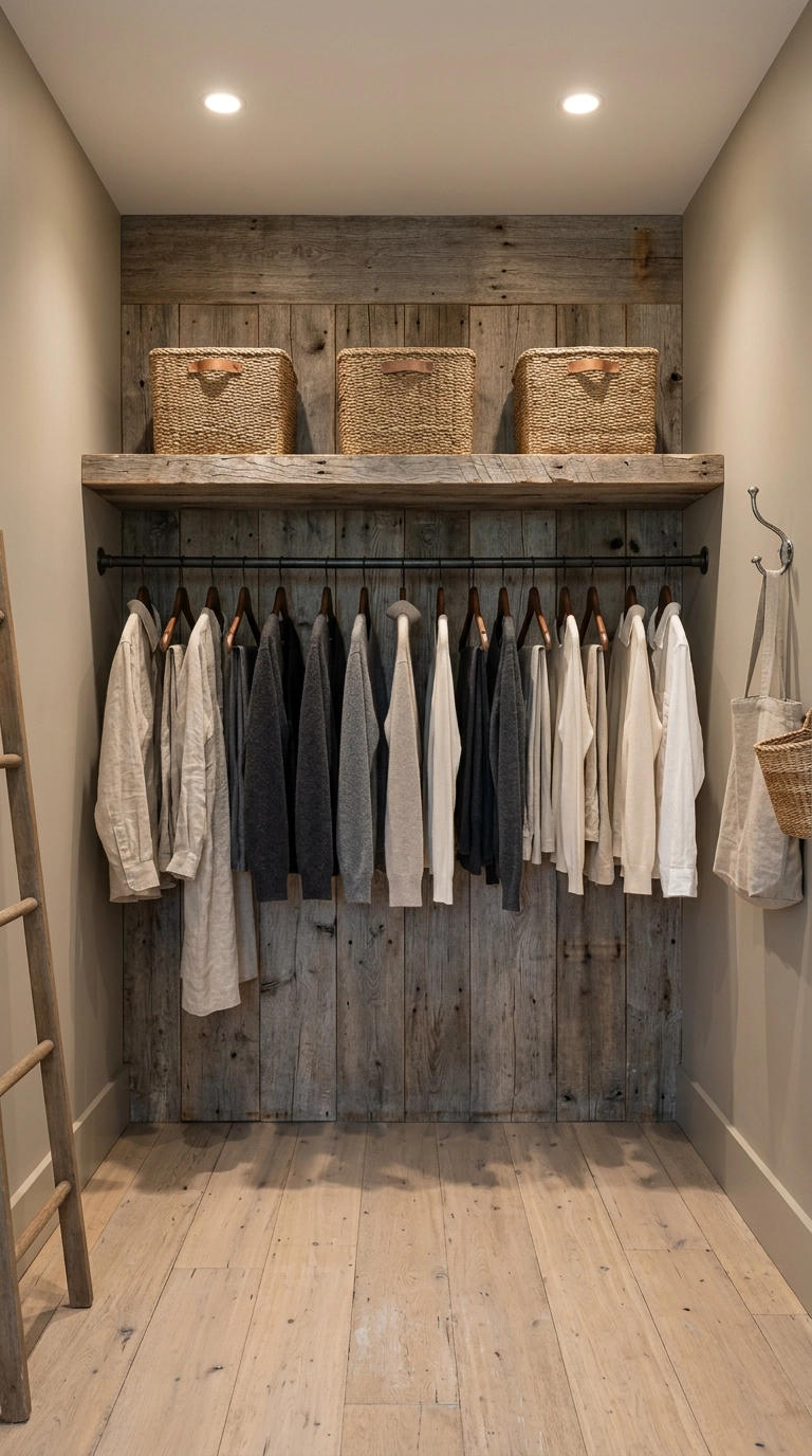 Rustic closet with reclaimed barnwood shelf above a hanging rod and woven bins