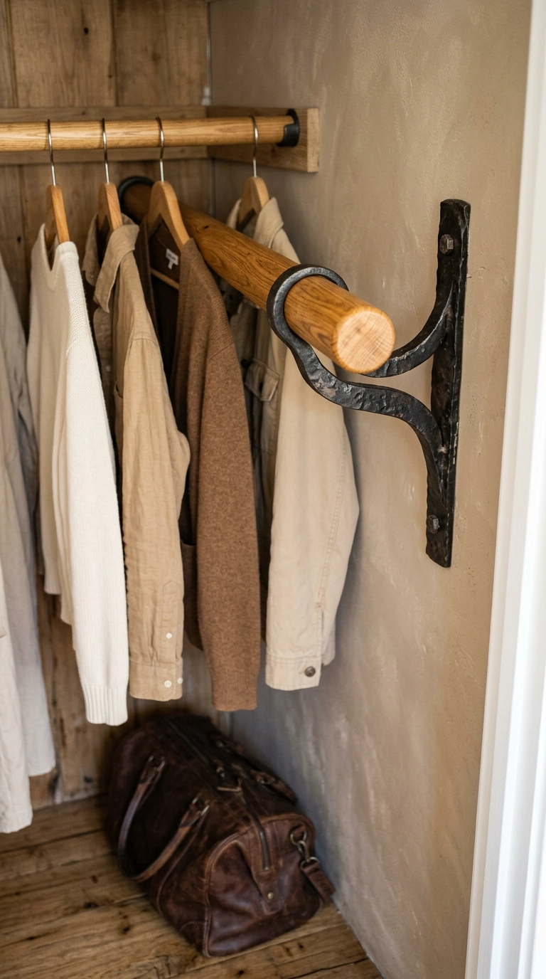 Thick oak closet rod on black iron brackets in a rustic reach-in closet