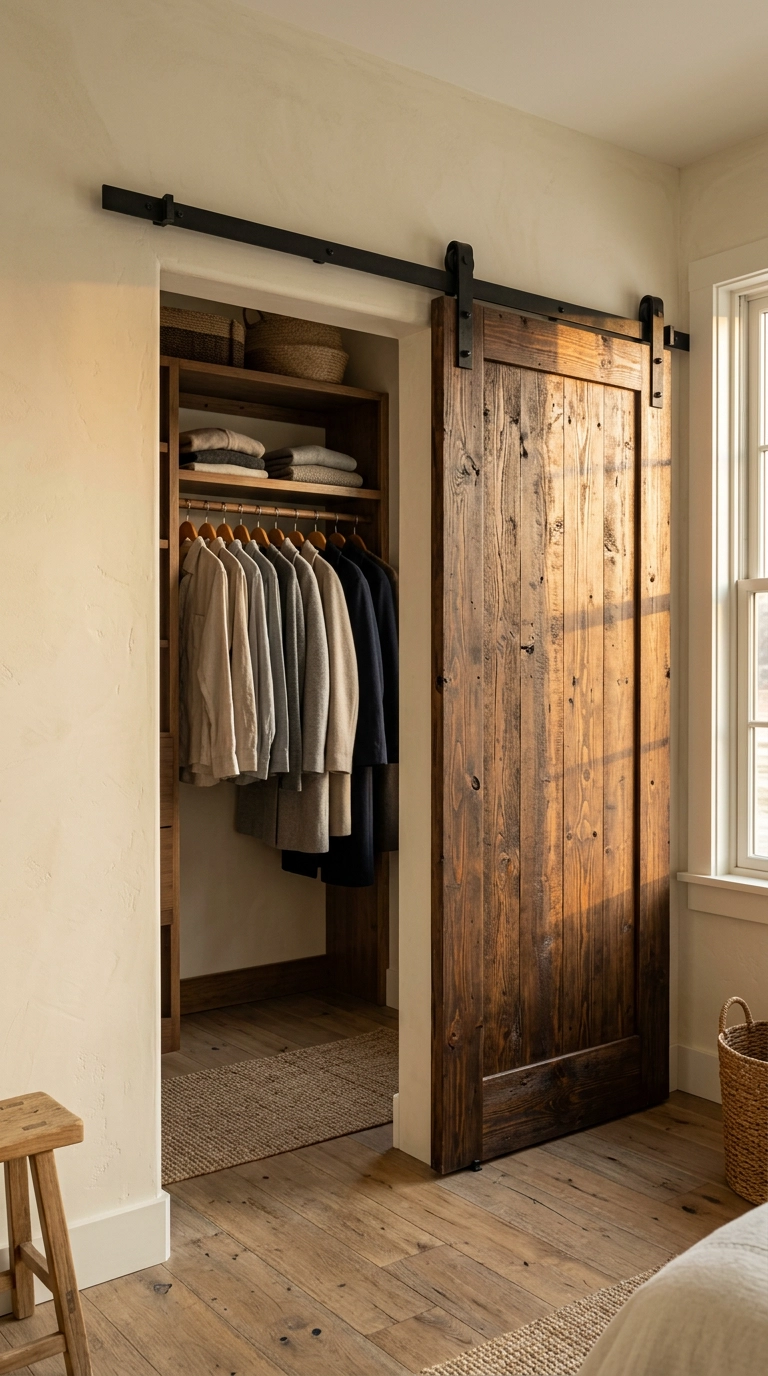 Rustic sliding barn door partly open on a bedroom closet with wood plank walls
