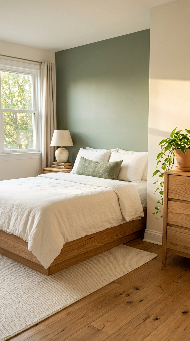 Sage green accent wall with white oak furniture and warm white walls