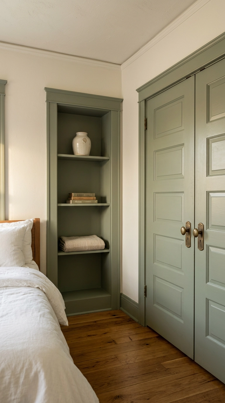 Built-in shelving and closet doors painted muted sage green