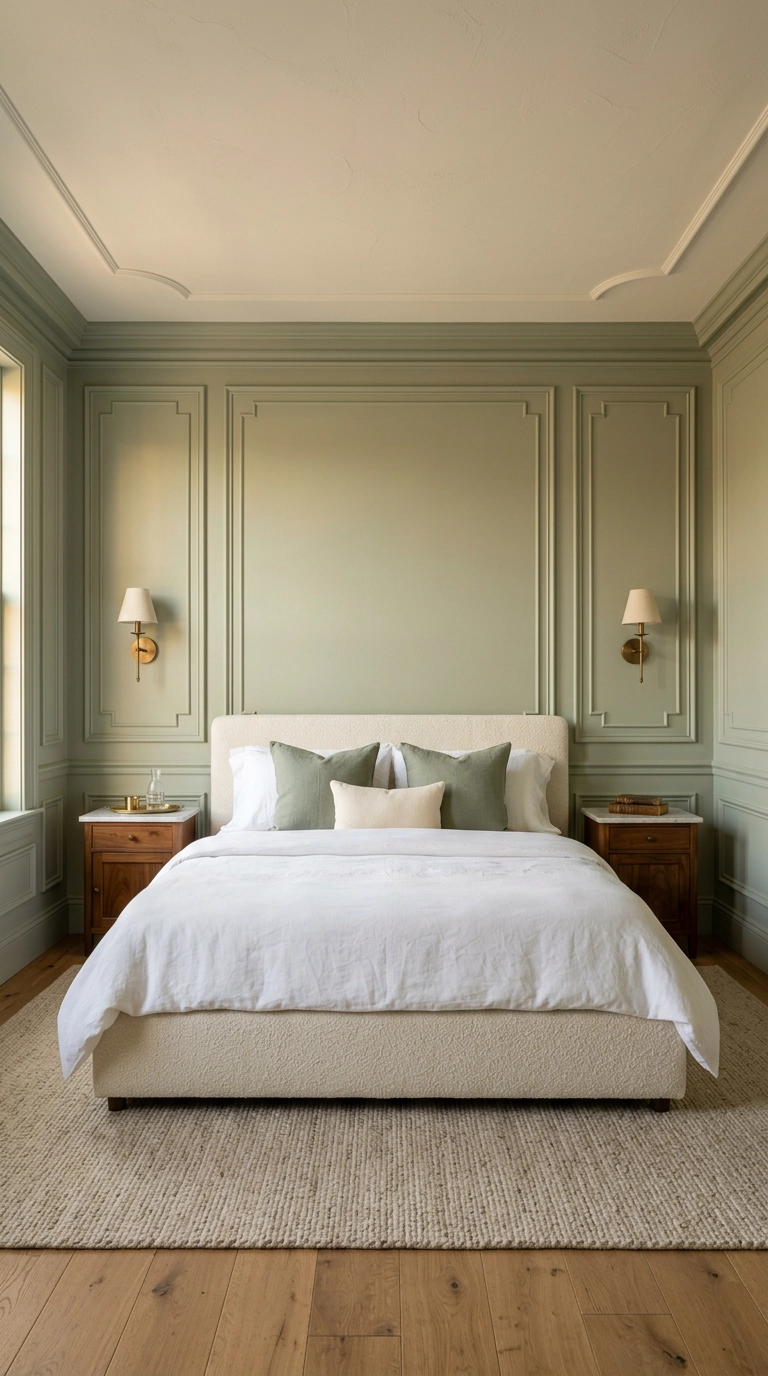 Sage green picture-frame molding wall behind an ivory upholstered bed